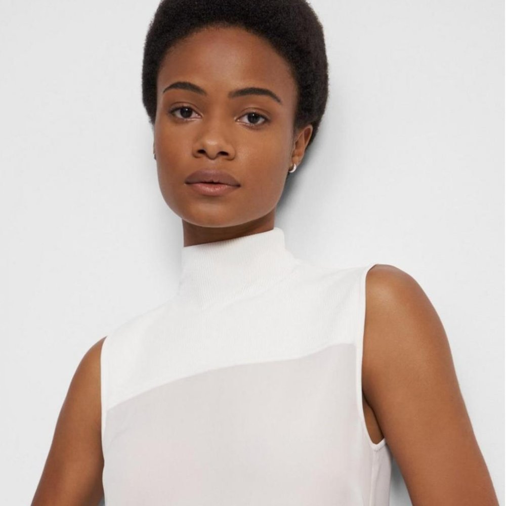 Theory Top | Ribbed Yoke Shirt in Silk Combo Ivory – Womens Size Large